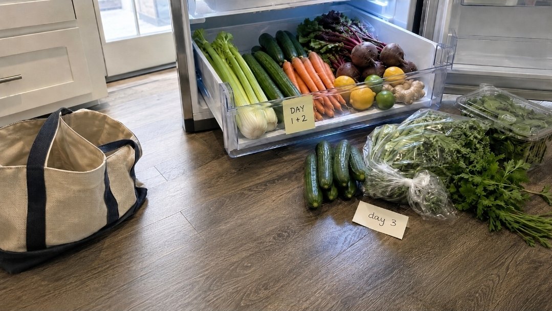 Day Three Produce Produce for a 3-day juice fast sorted beside an open fridge drawer with a day 3 label