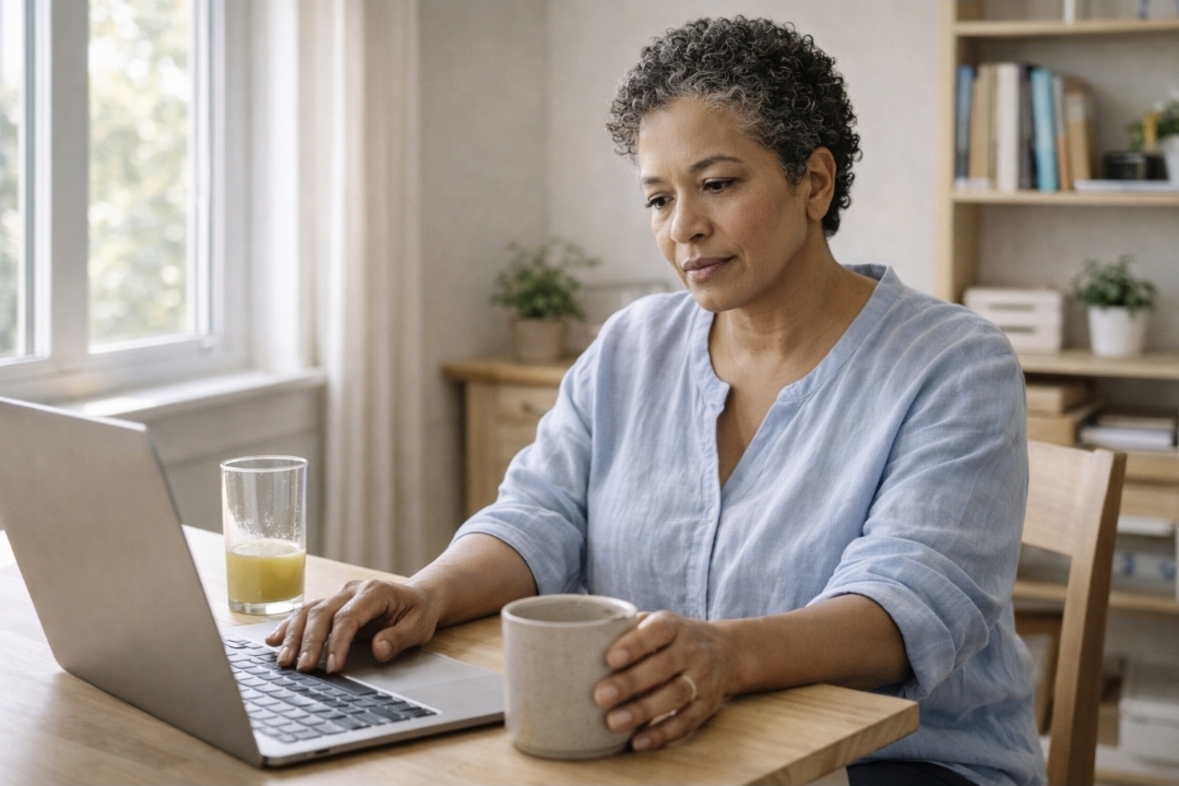 Black woman in a bright home office working at a desk with a quarter-full pale green juice glass nearby, showing steady low energy during a juice fast