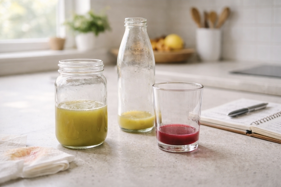 Three partly used juice containers on a sunlit kitchen counter with a notebook and pen, showing how daily juice volume can look larger than it is