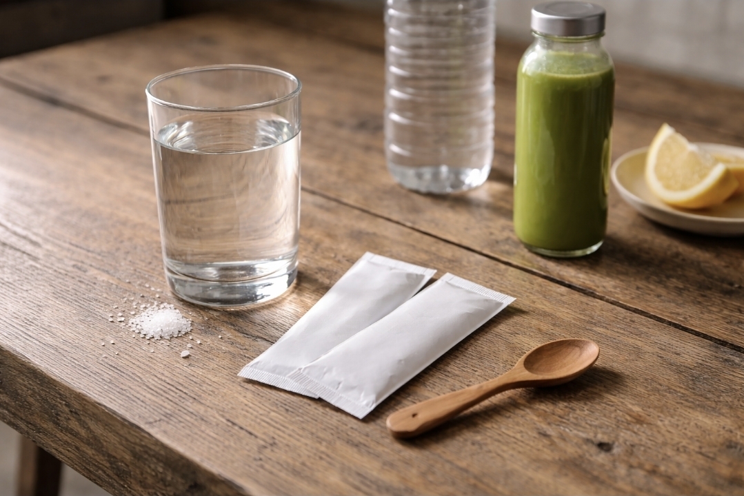 Glass of water with salt and electrolyte packets beside a bottle of green juice on a wooden table.