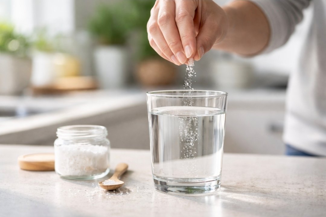 person adding pinch of sea salt to water for electrolyte balance during fasting