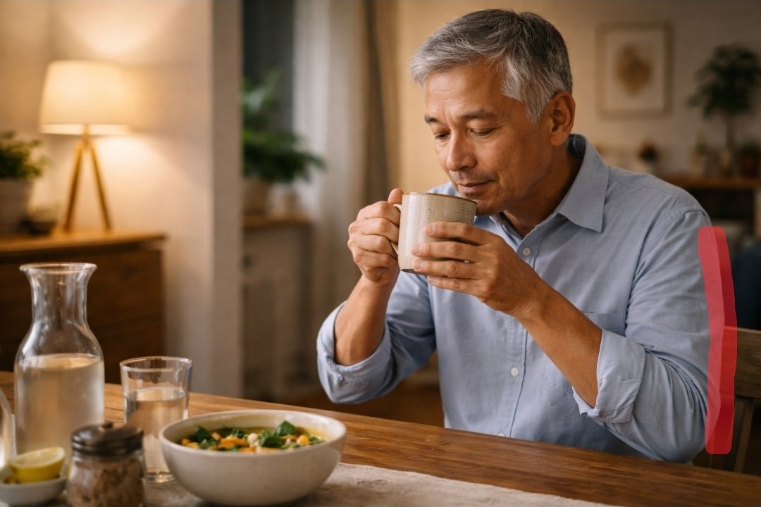 older man sitting at dining table drinking warm broth while safely ending juice fast at home