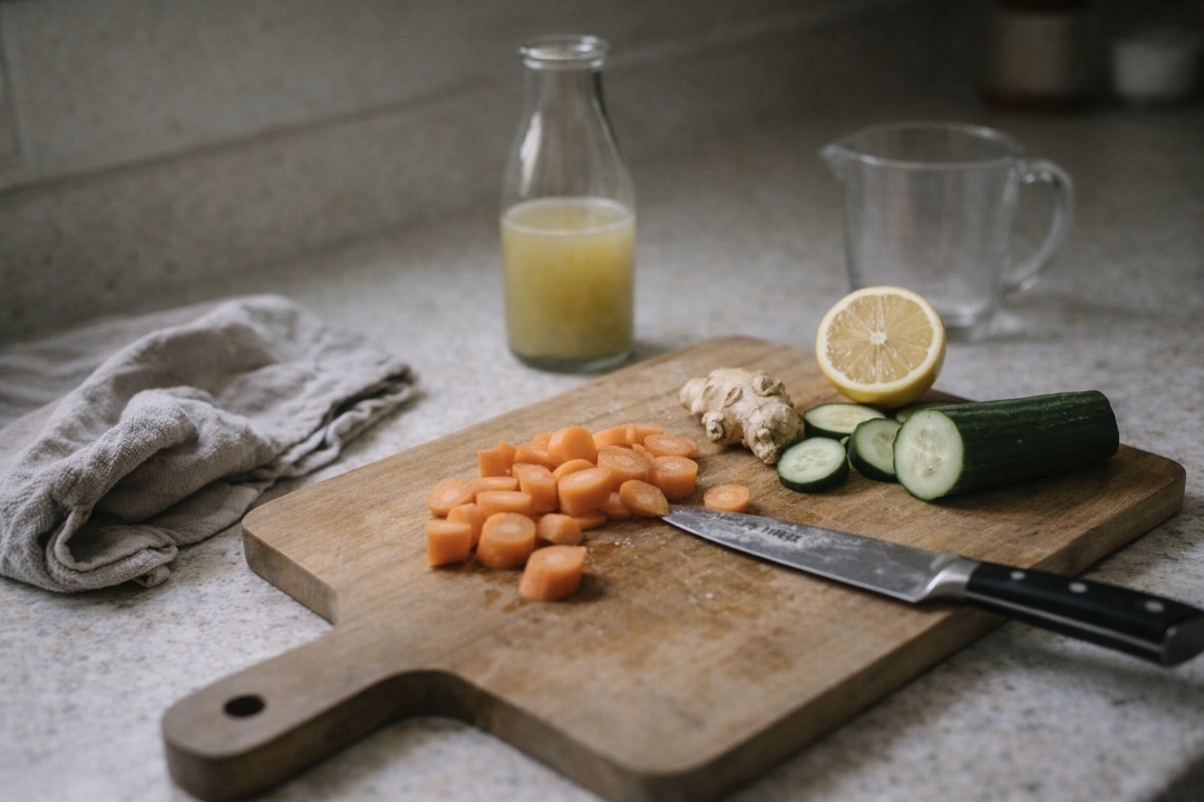 Cutting board with chopped carrots, lemon, ginger, and cucumber slices in bright daylight; a quarter-full bottle of yellow-green juice sits softly out of focus behind.