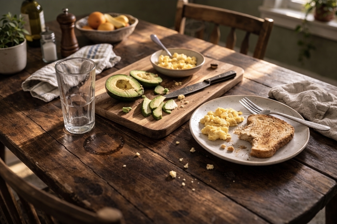 Rustic wooden table with avocado, scrambled eggs, and toast on simple plates; crumbs and a water glass ring add real-life texture.