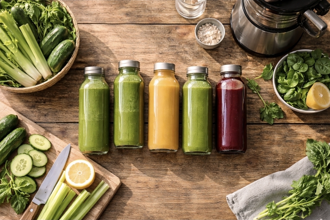 Five bottles of green juice lined up on a rustic wooden table representing a full day of juice fasting