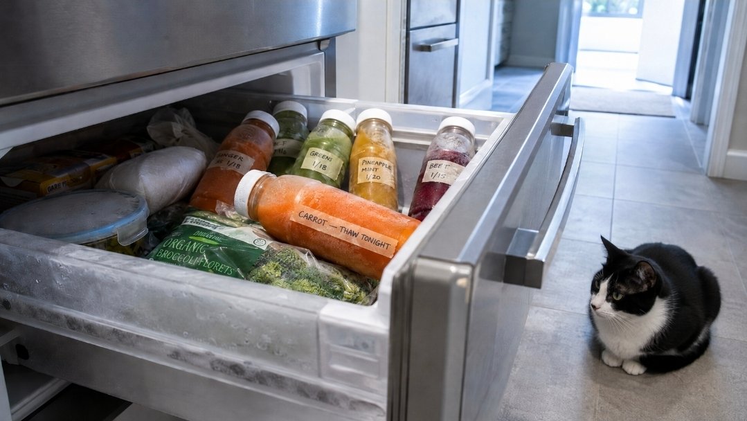 Frozen labelled juice bottles in a freezer drawer with carrot juice marked to thaw tonight