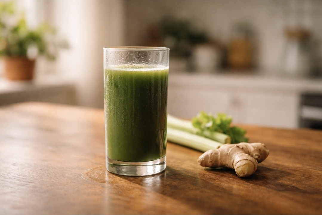 Close-up of a glass of green juice with celery and ginger on a wooden counter