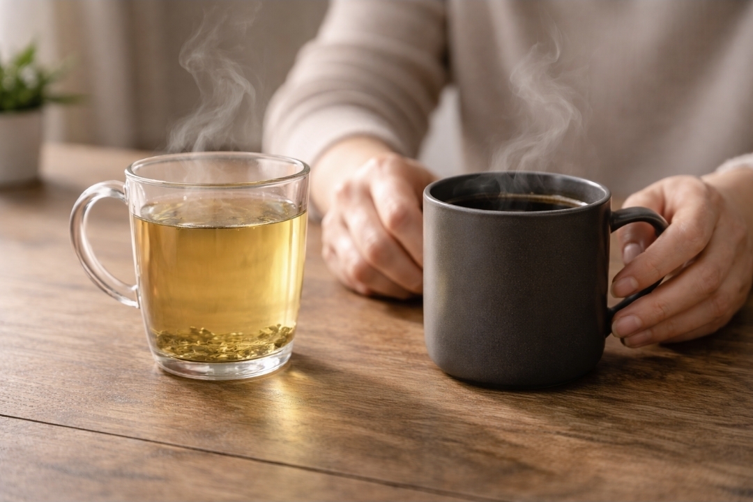Herbal tea in a clear mug beside a black mug of coffee on a wooden table.