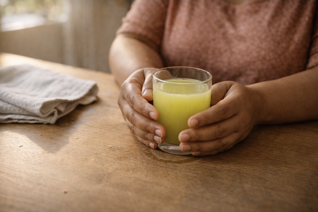 Close-up of hands holding a glass of juice during a juice fast, showing a calm indoor fasting moment