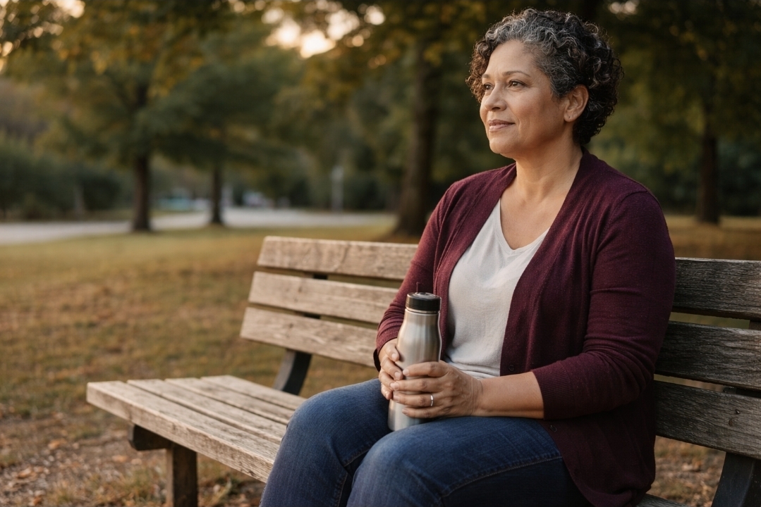 Latina woman sitting upright on a park bench in warm evening light holding a stainless steel water bottle, looking steady and composed.