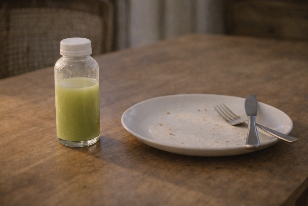 Green juice bottle beside an empty plate showing the monotony of a juice cleanse