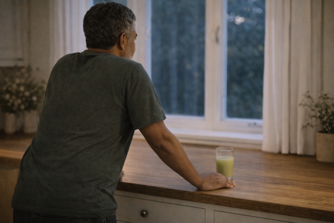 Man standing at a kitchen counter with green juice during a quiet evening on a juice cleanse