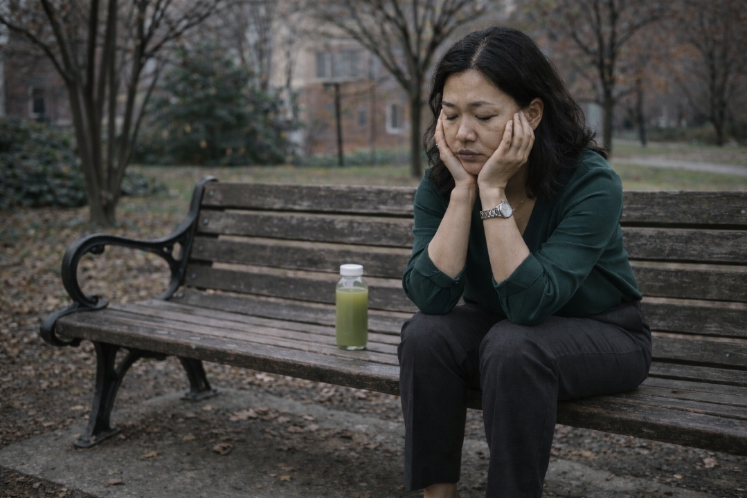 Woman sitting on a park bench beside a green juice during a low-energy point in a juice cleanse