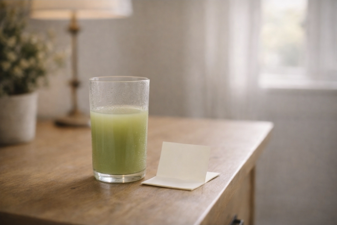 Glass of green juice on a table beside a note card for a quick cleanse self-check