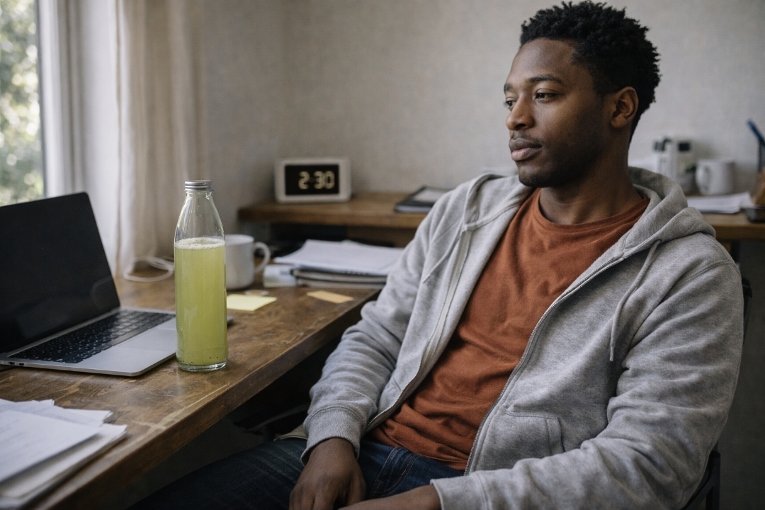 Black man sitting at a home office desk in bright afternoon light, looking alert but tired; a nearly full reusable glass bottle of pale green juice sits off to the side.