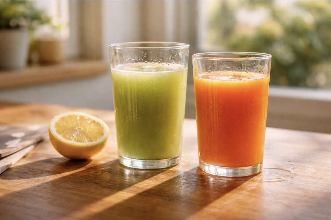 Two glasses of fresh juice on a table, showing variety during a juice fast and appetite-related differences