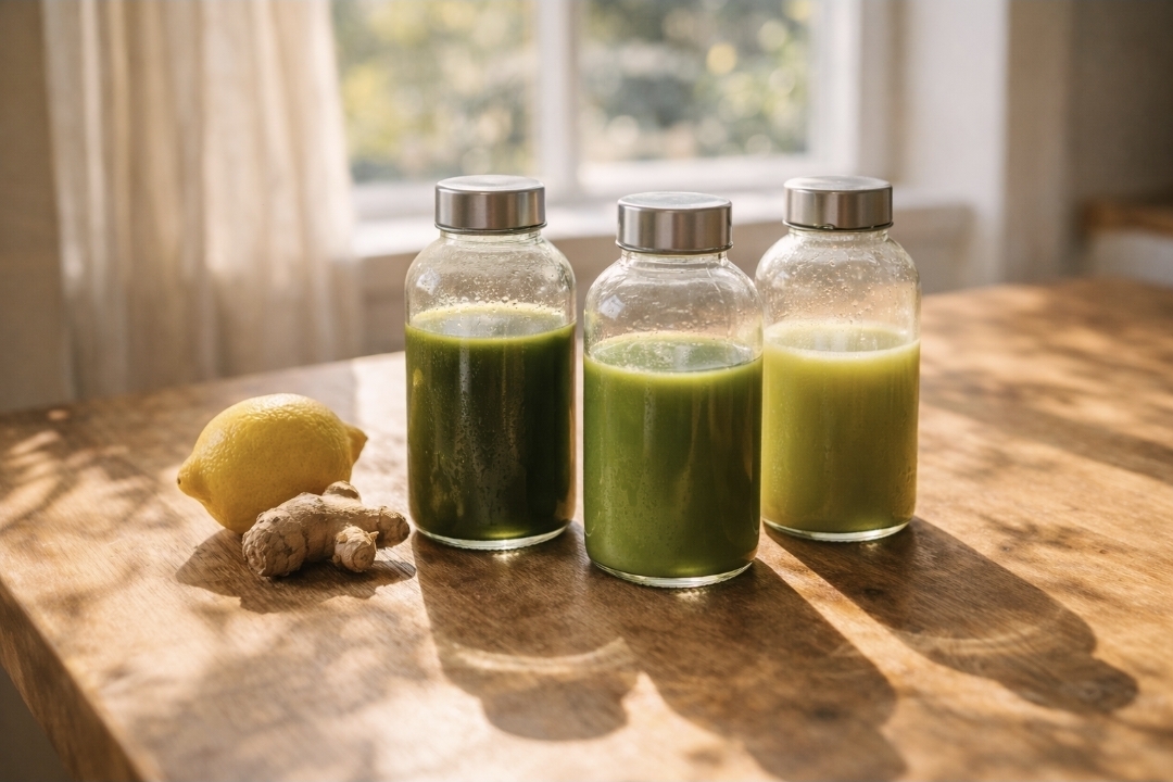 Three green juice bottles on a wooden table during a juice fast, suggesting comparison and choice