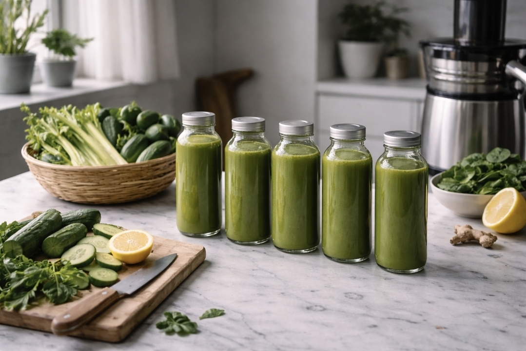 row of prepared vegetable juice bottles arranged for a daily juice fast schedule