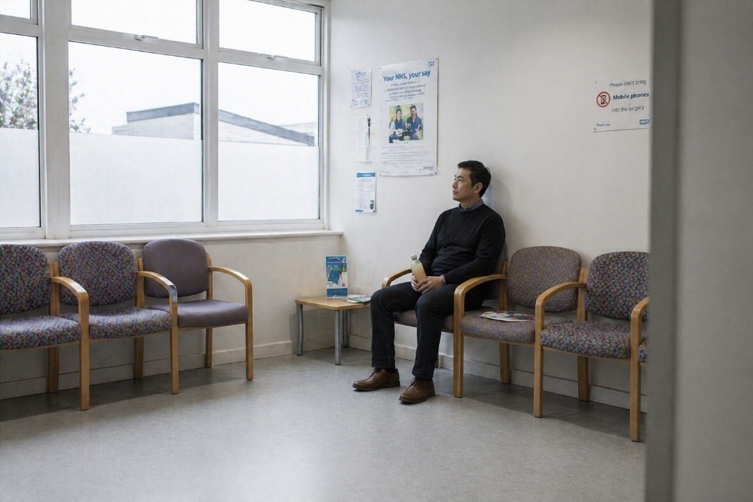 Man sitting alone in a clinic waiting room holding a pale juice bottle while dealing with bowel changes during a juice fast