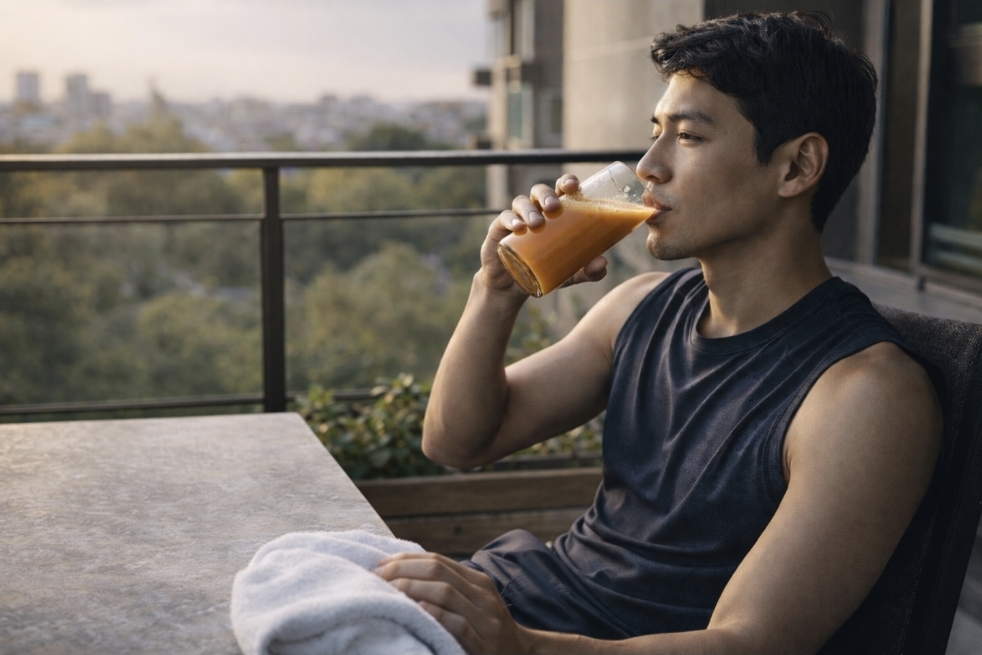 man relaxing on a balcony while drinking carrot juice during a 1-day juice fast