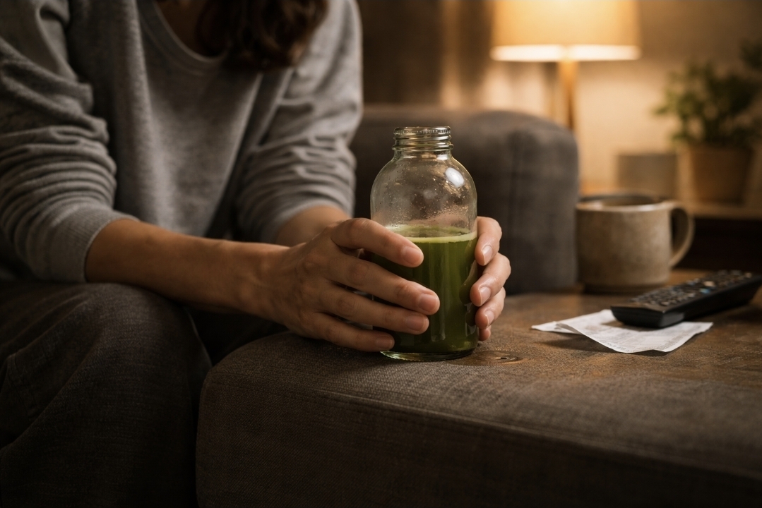 Hands holding a green juice bottle on a couch during a juice fast, suggesting a calmer later-stage hunger moment