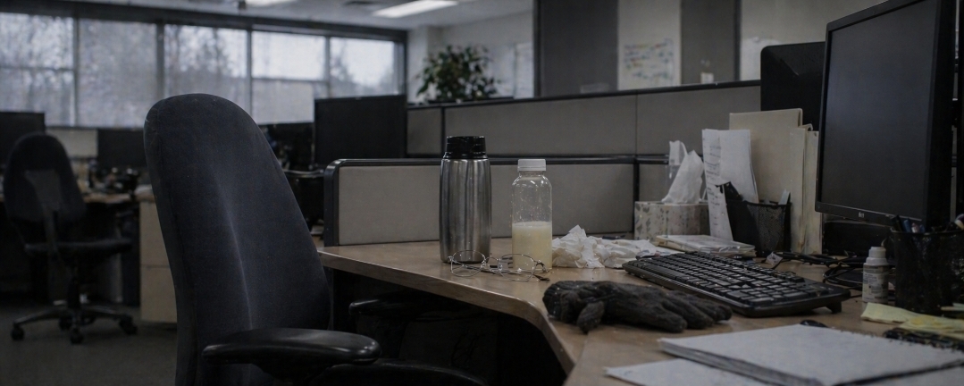 Office desk with celery juice, hot flask, tissues, glasses, and gloves during a cold low-energy afternoon on a juice fast