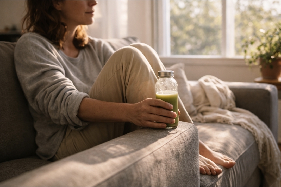 Woman sitting on a couch holding a green juice bottle during a quiet craving moment on a juice fast