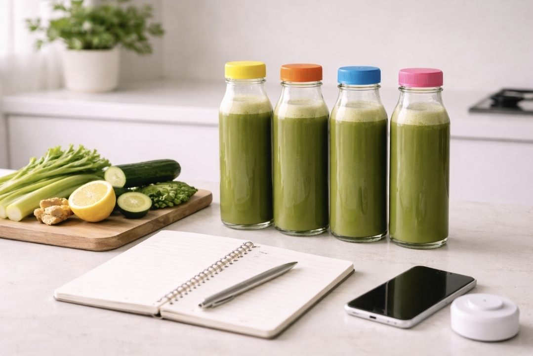 Four bottled green juices lined up on a counter with vegetables and a notebook
