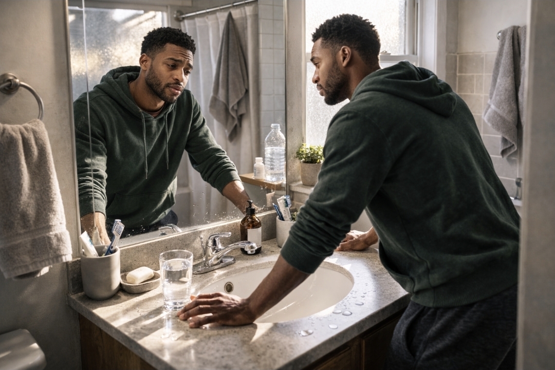 Black man in a small apartment bathroom leaning on the sink and looking at his reflection with a mildly lightheaded, thoughtful expression in cool morning light.