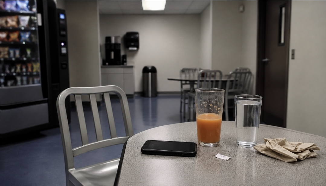 Break room table with juice, water and salt after dizziness during a juice fast