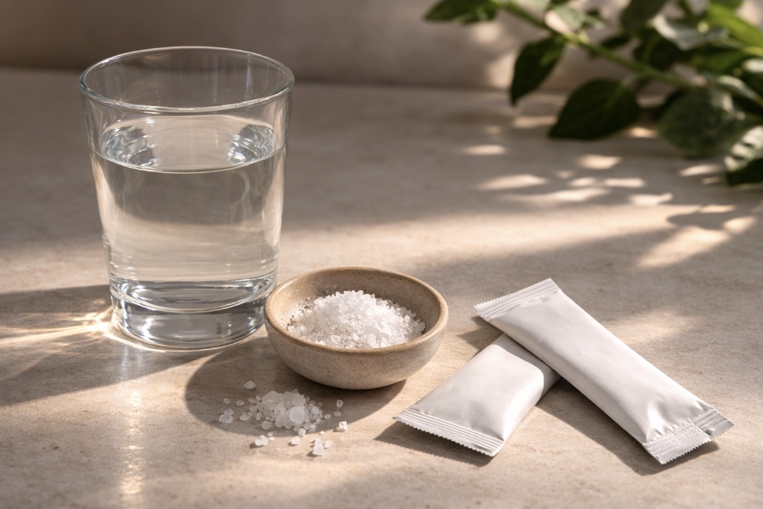 Glass of water with a small bowl of coarse salt and two unbranded electrolyte packets on a countertop.