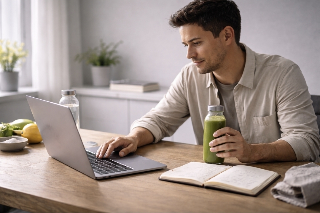 Man working at a laptop with a bottle of green juice and a notebook on a wooden desk in natural daylight.