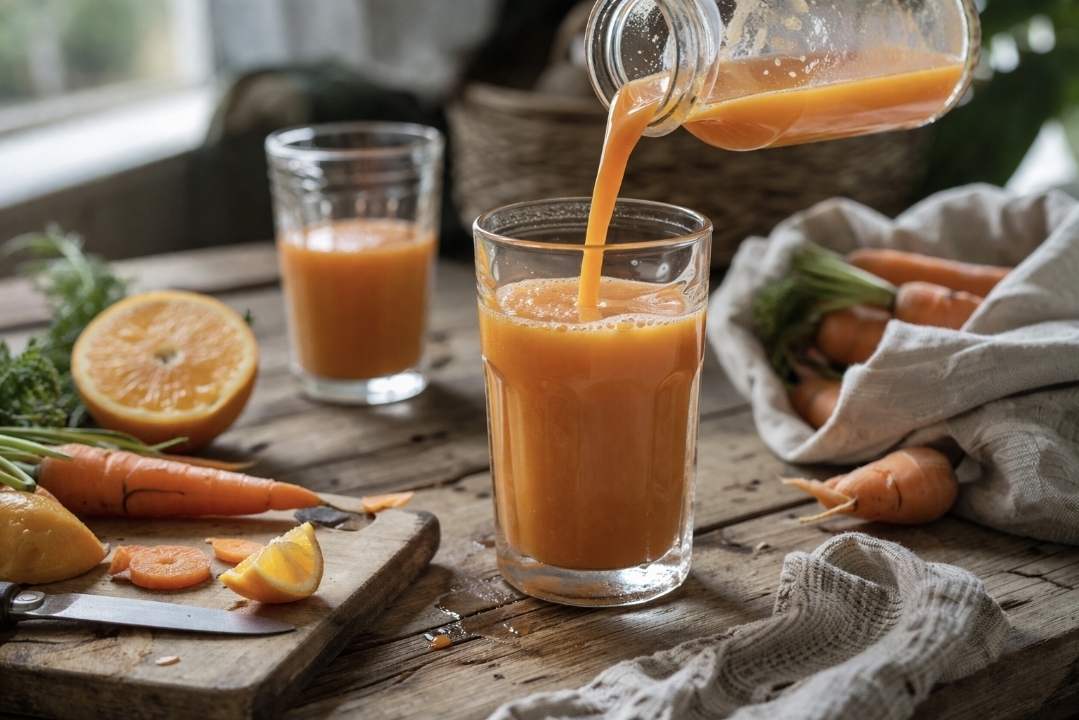 fresh orange juice being poured beside carrots and orange pieces on a rustic table for the first meal after a juice fast