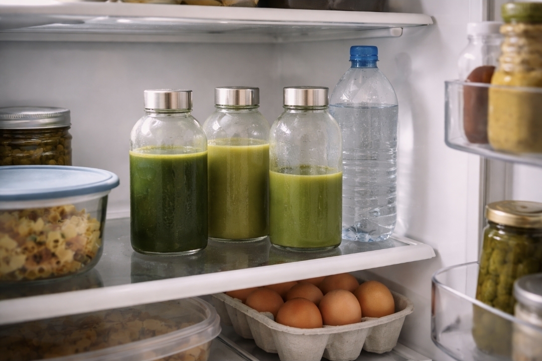 Three green juice bottles and a water bottle lined up on a fridge shelf for a juice fast day