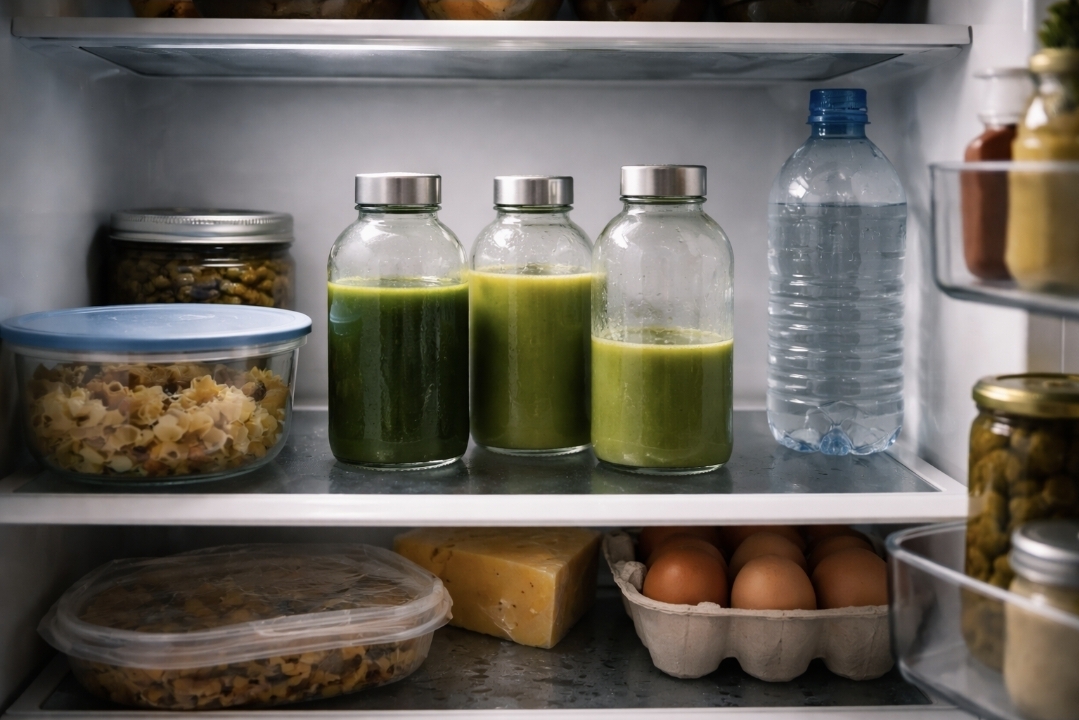 Three green juice bottles and water on a fridge shelf during a juice fast, showing a prepared daily setup
