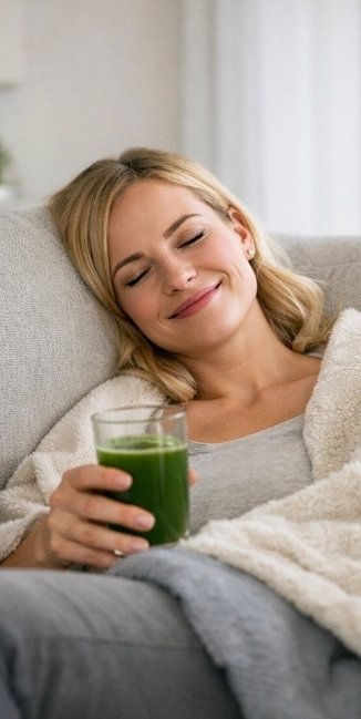 person resting comfortably on sofa holding green juice as headache symptoms improve during juice fast