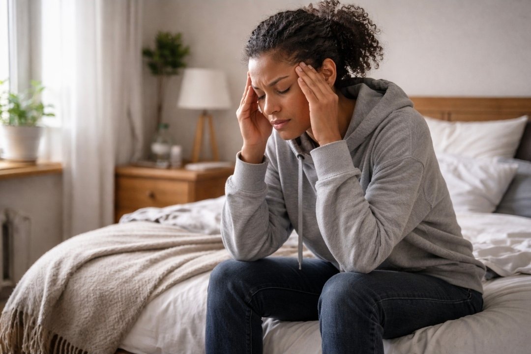 woman sitting on edge of bed pressing temples due to severe fasting headache in morning light