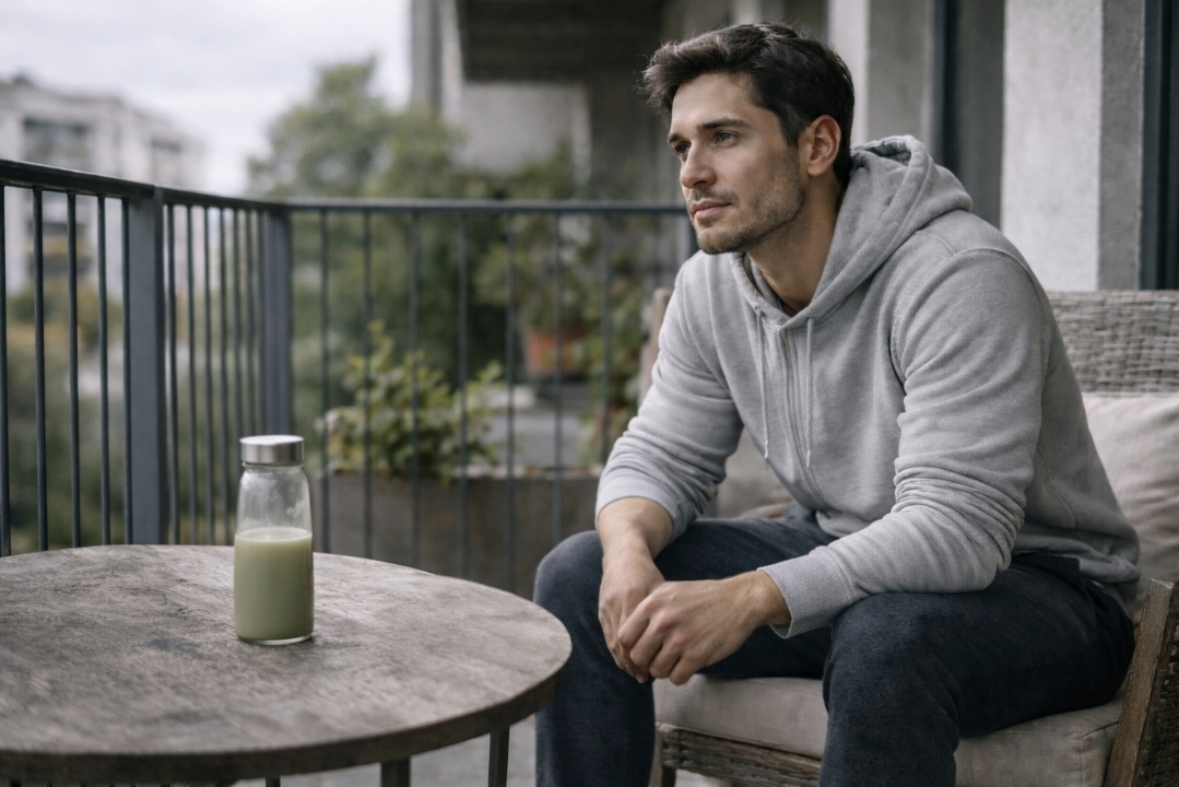 man sitting quietly with a bottle of green juice on a balcony during a low-energy moment in a juice fast