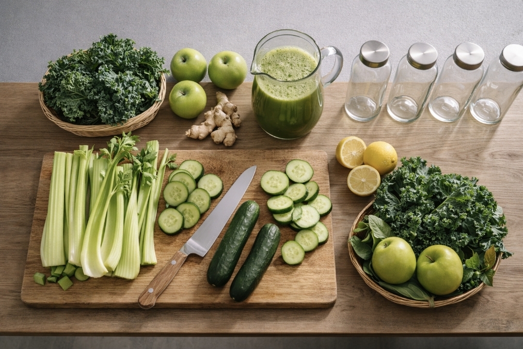 Juice fast prep flat lay with vegetables, empty bottles, and a pitcher of green juice