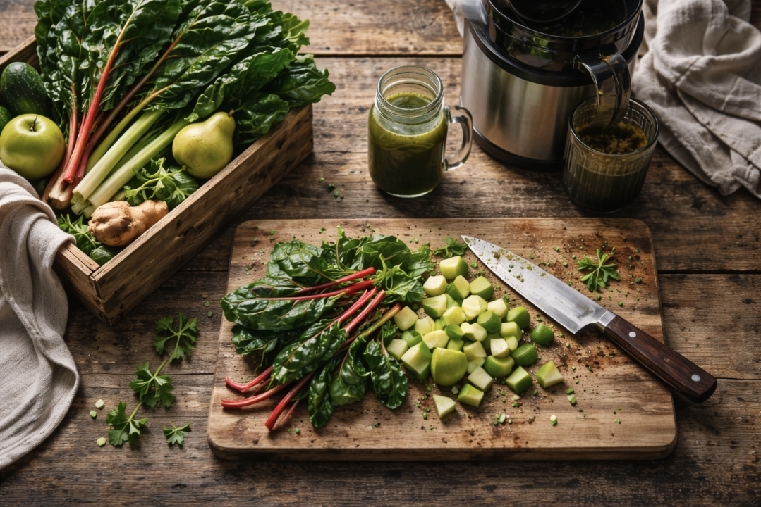 green juice preparation with Swiss chard, pear, juicer, and chopped ingredients on a rustic table