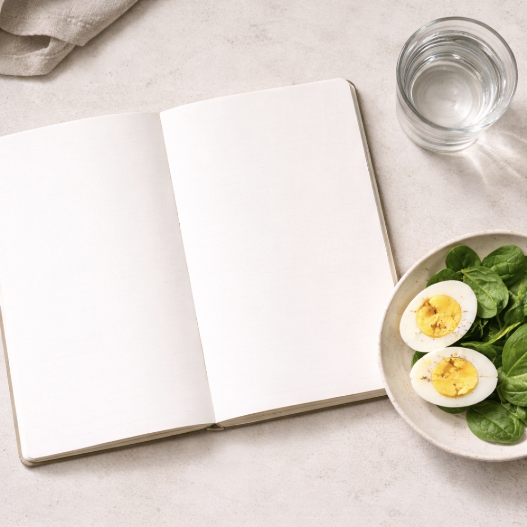 Juice Fast Recovery Meal Recovery meal with eggs and greens beside a notebook and glass of water