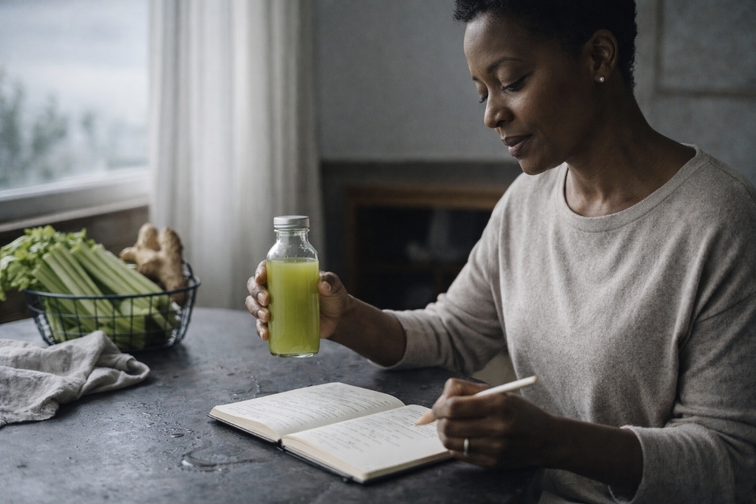 woman reading notes with celery juice on a dining table while planning how to break a juice fast