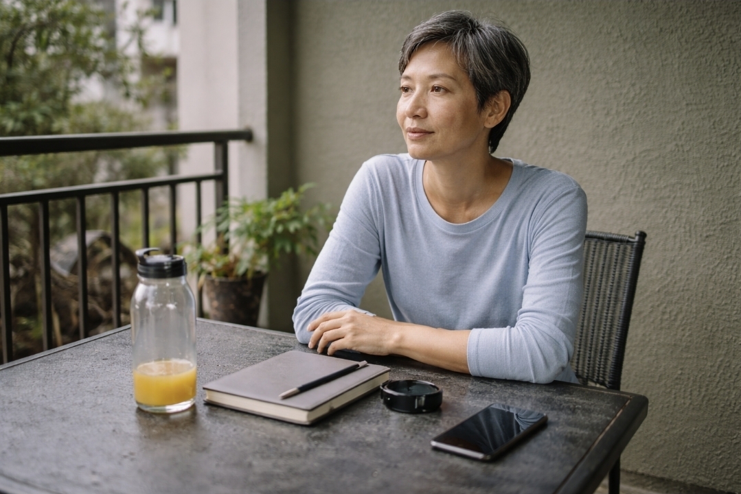 Interpreting scale rebound after a juice fast Asian woman seated upright on a covered patio with a smartwatch, notebook, and a quarter-full bottle of light orange juice, reflecting on progress without drama.