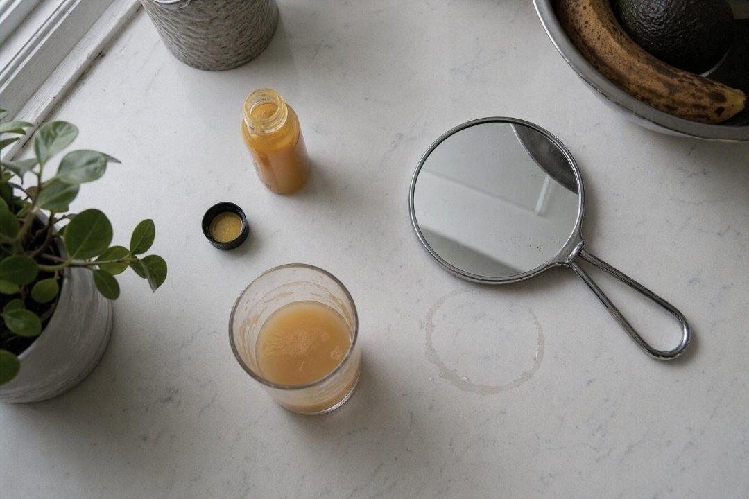 Bathroom counter with carrot juice, hand mirror, and water ring during a juice fast skin check