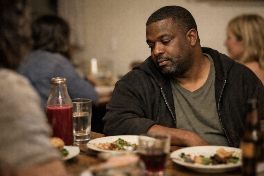 Man sitting at a dinner table with others eating while a red juice bottle sits beside him during a juice fast
