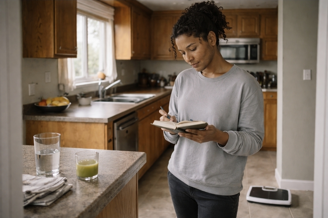 Water weight shifts during a juice fast Young Black woman in a 1990s oak-cabinet kitchen reviewing a small notebook beside a bathroom scale; a small pale green juice sits nearby for context.