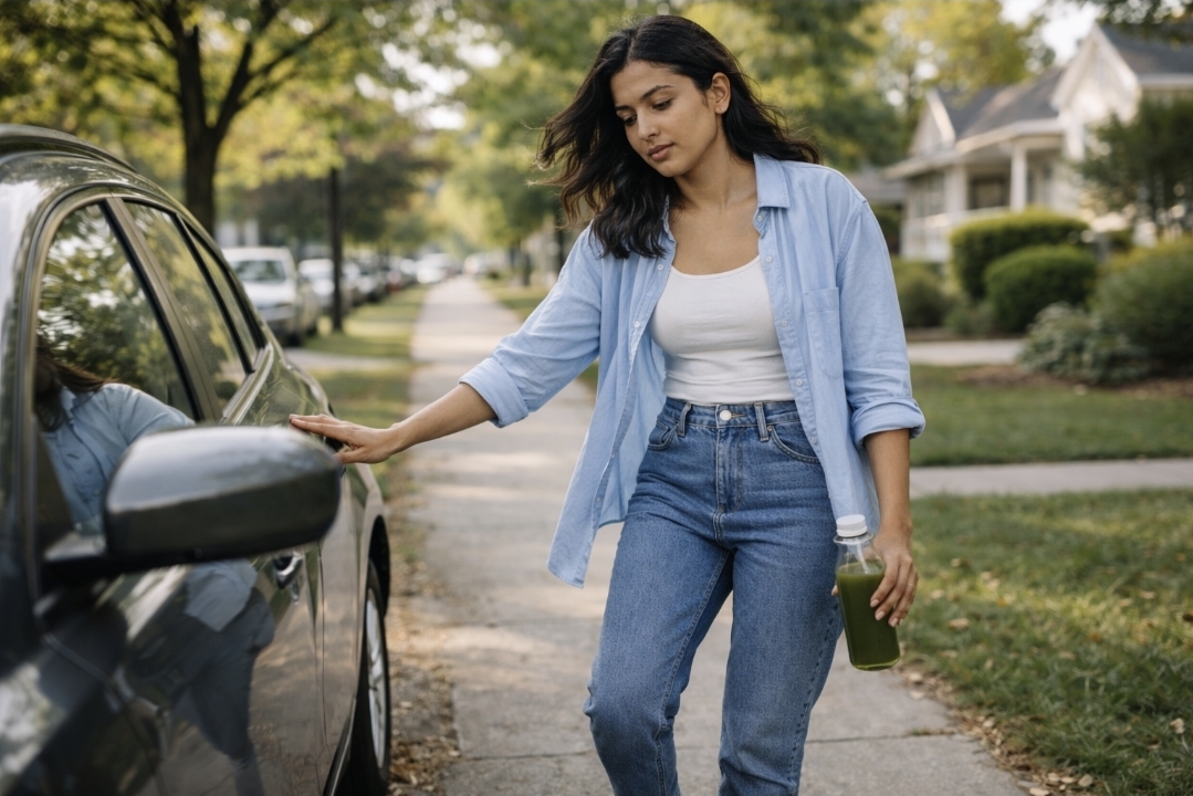 27-year-old South Asian woman on a quiet suburban sidewalk in late afternoon daylight, pausing mid-step and lightly touching a parked car for balance while holding a reusable glass bottle of green juice, noticing mild leg heaviness during a juice fast