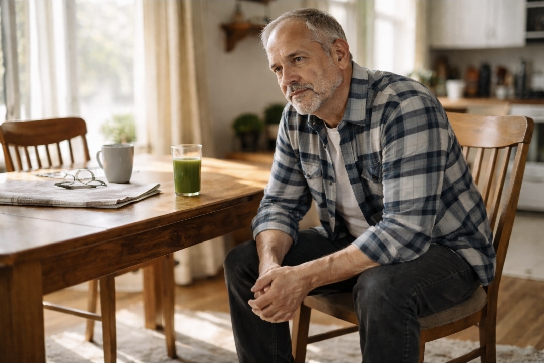 61-year-old white man with thinning grey hair sitting at a slightly cluttered wooden dining table in bright morning window light, leaning forward with elbows on thighs and hands loosely clasped, glass of green juice on the table with a mug, reading glasses, and newspaper nearby