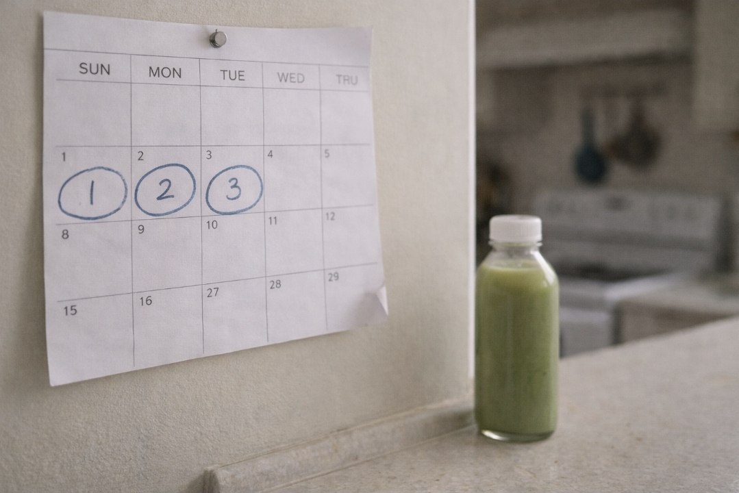 Calendar with days 1, 2, and 3 circled next to a green juice bottle