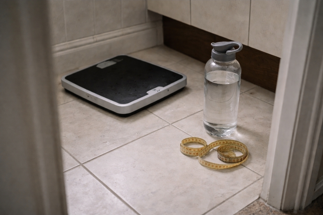 Bathroom floor with a scale, water bottle, and measuring tape to represent early weight changes